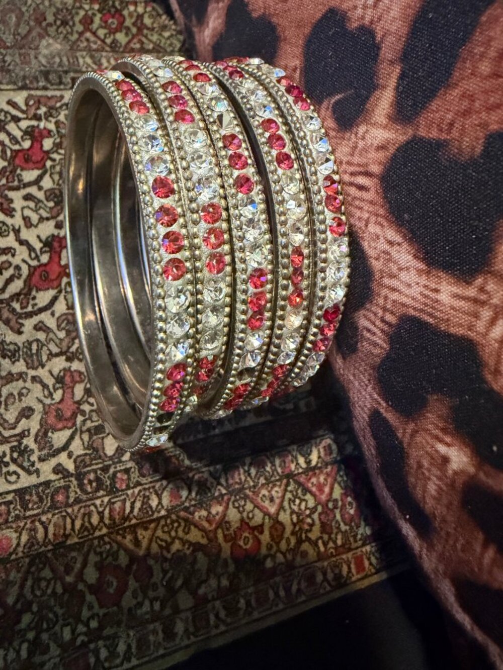 Silver Pink Clear Rhinestone Bangles Set of 5